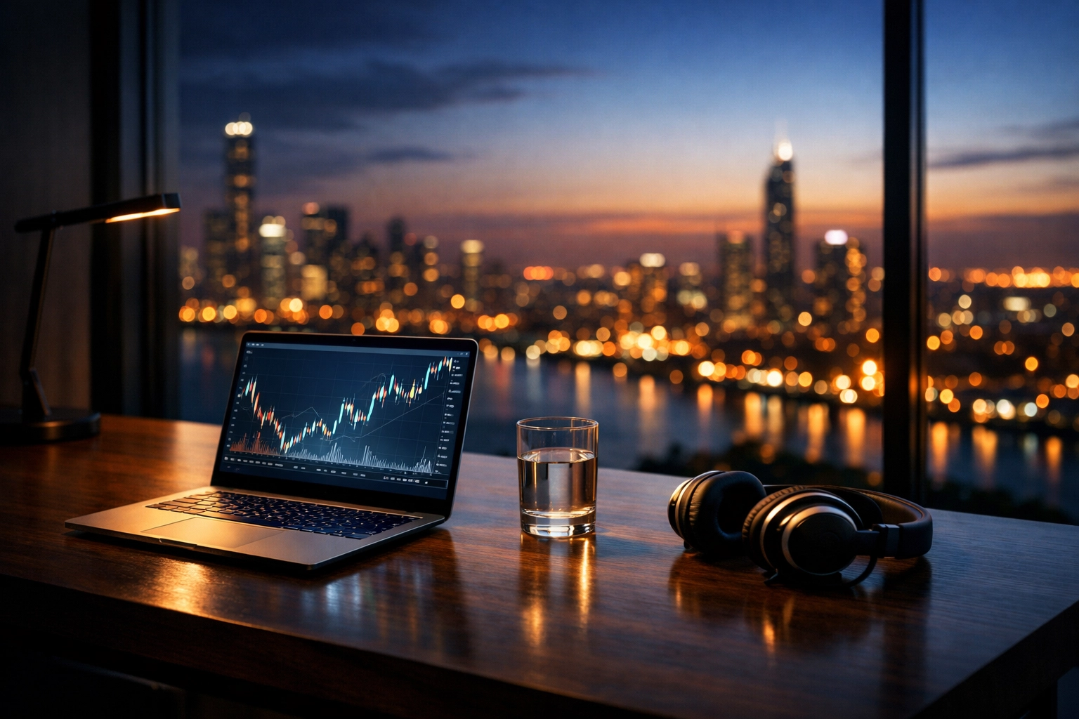 A minimalist home office setup representing the lifestyle of a successful funded crypto trader.