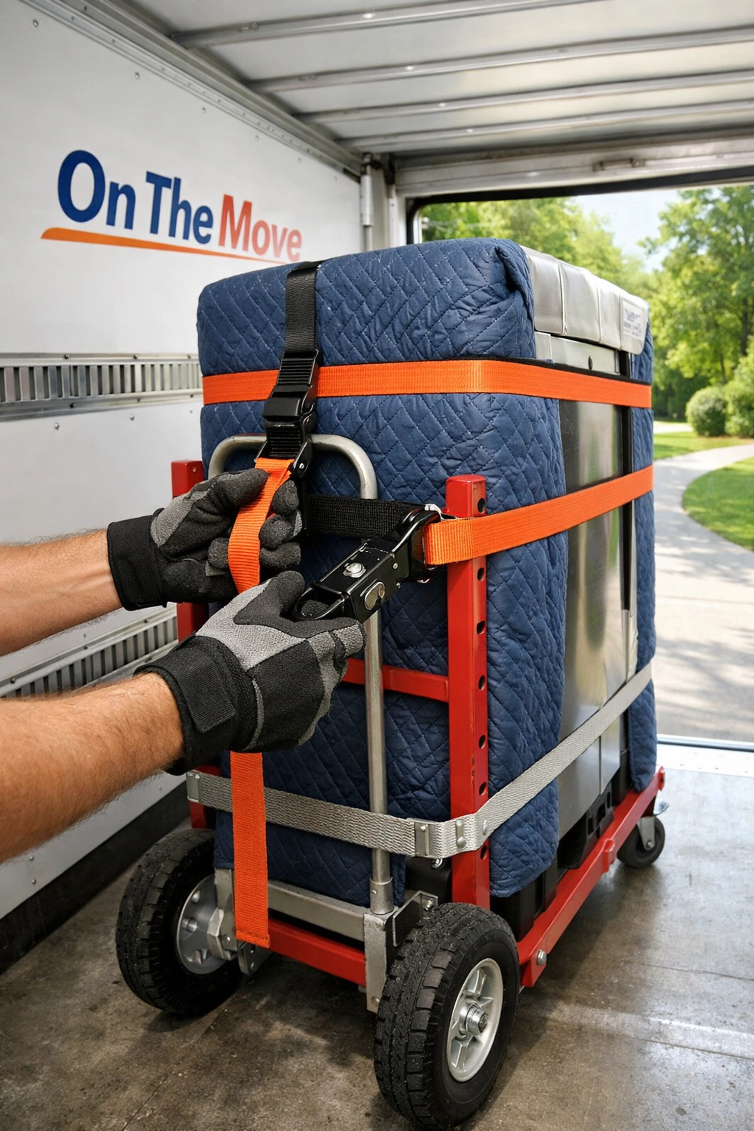 Detailed view of professional moving equipment being used to safely transport appliances in a truck.