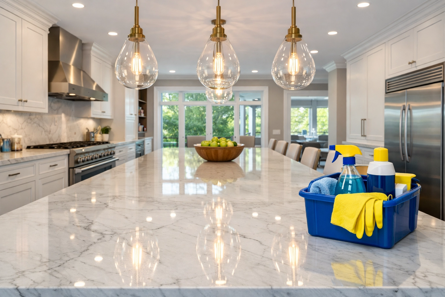 Sparkling clean modern kitchen in a suburban MA estate reflecting top-tier house cleaning services.