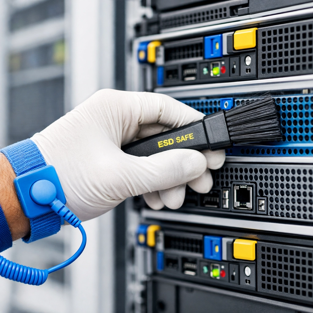 Technician using an ESD-safe brush and anti-static strap to clean a server blade in a data center.