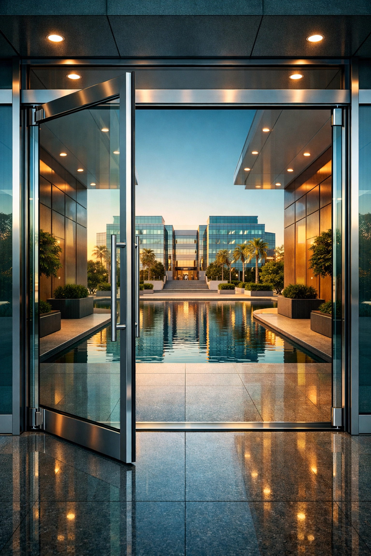 Symmetrical view of clean glass entrance doors and polished metal frames for a building's lobby.