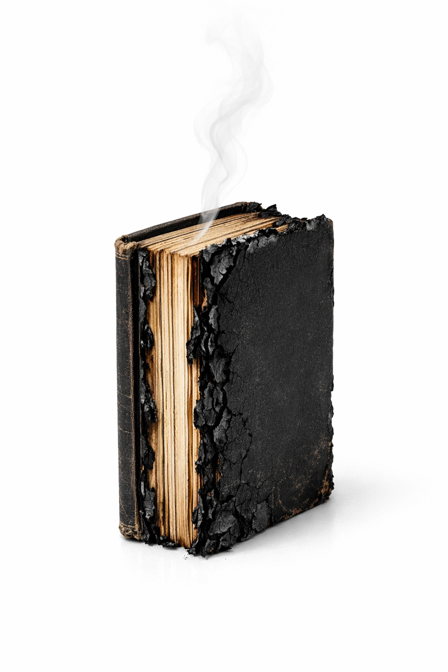 A charred vintage book with smoking edges representing dystopian themes in short sci-fi literature.