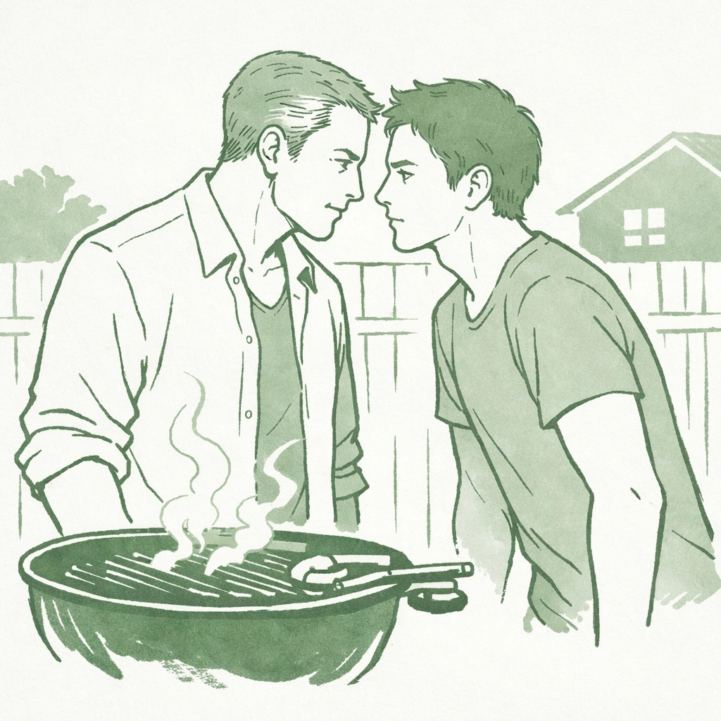 Two men at backyard barbecue sharing intense eye contact - age gap MM romance forbidden attraction