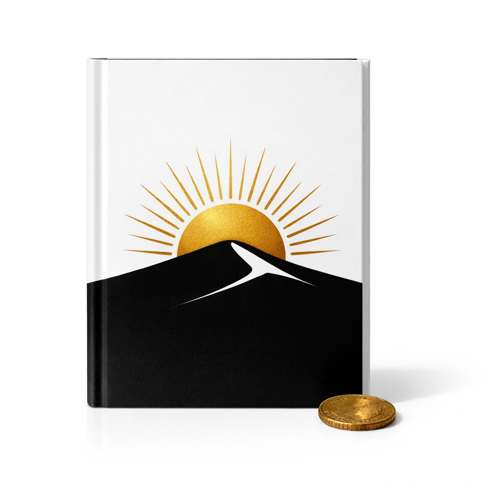 Minimalist book cover design for The Alchemist by Paulo Coelho featuring a golden sun and desert dune.