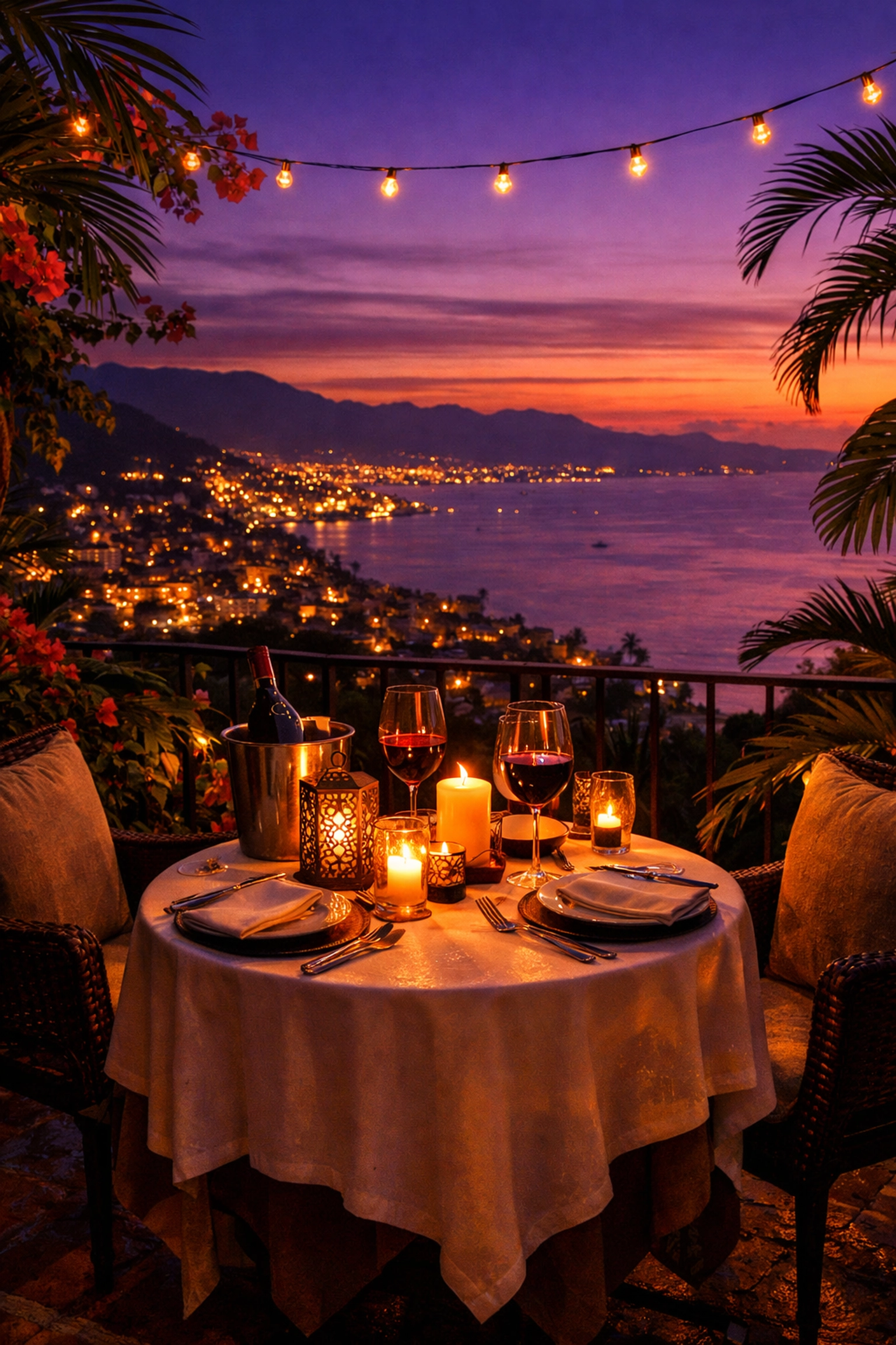 Romantic terrace dinner with Puerto Vallarta city lights and bay views from Amapas