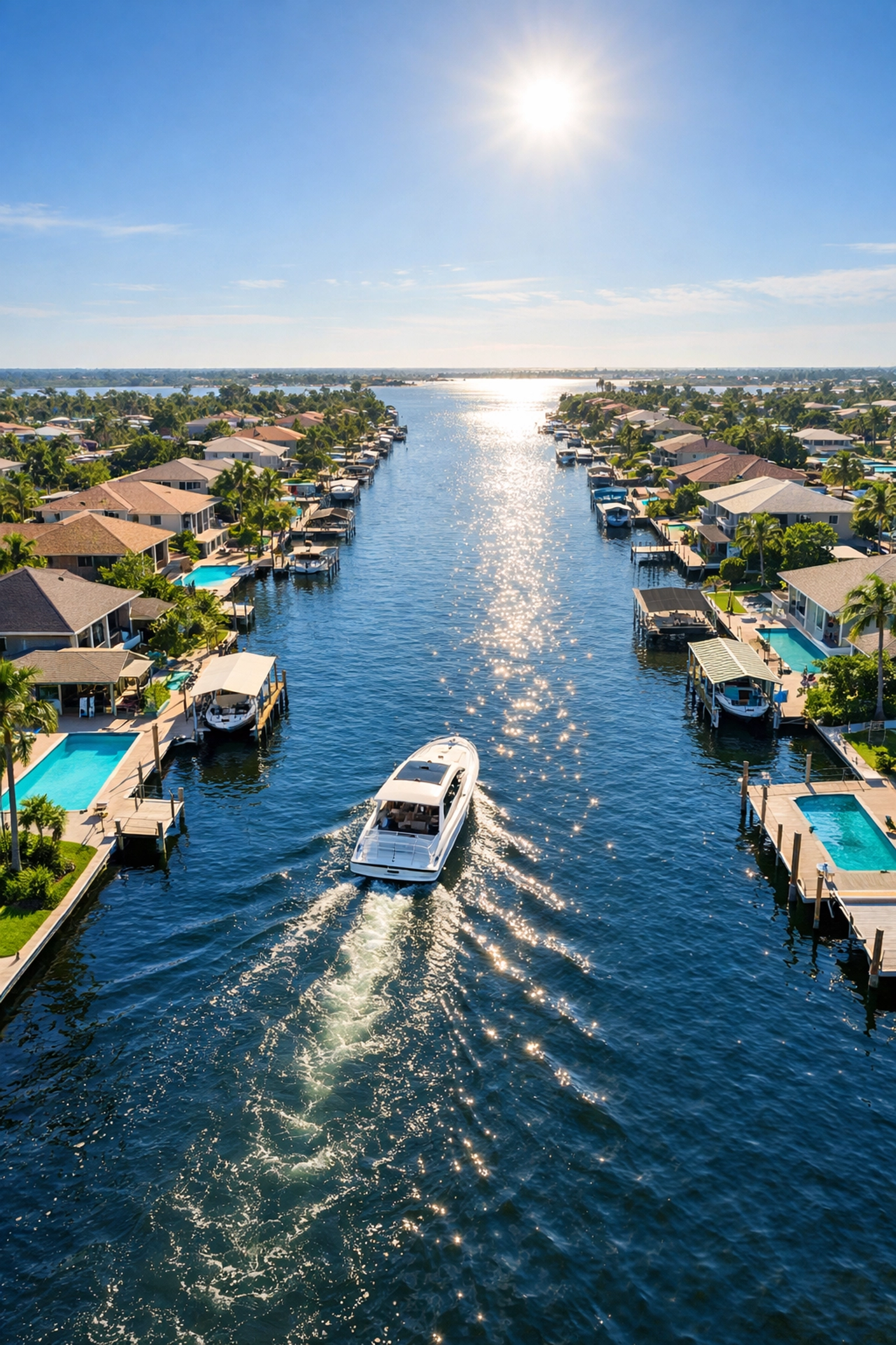 Aerial drone view of luxury waterfront properties along a Cape Coral canal.