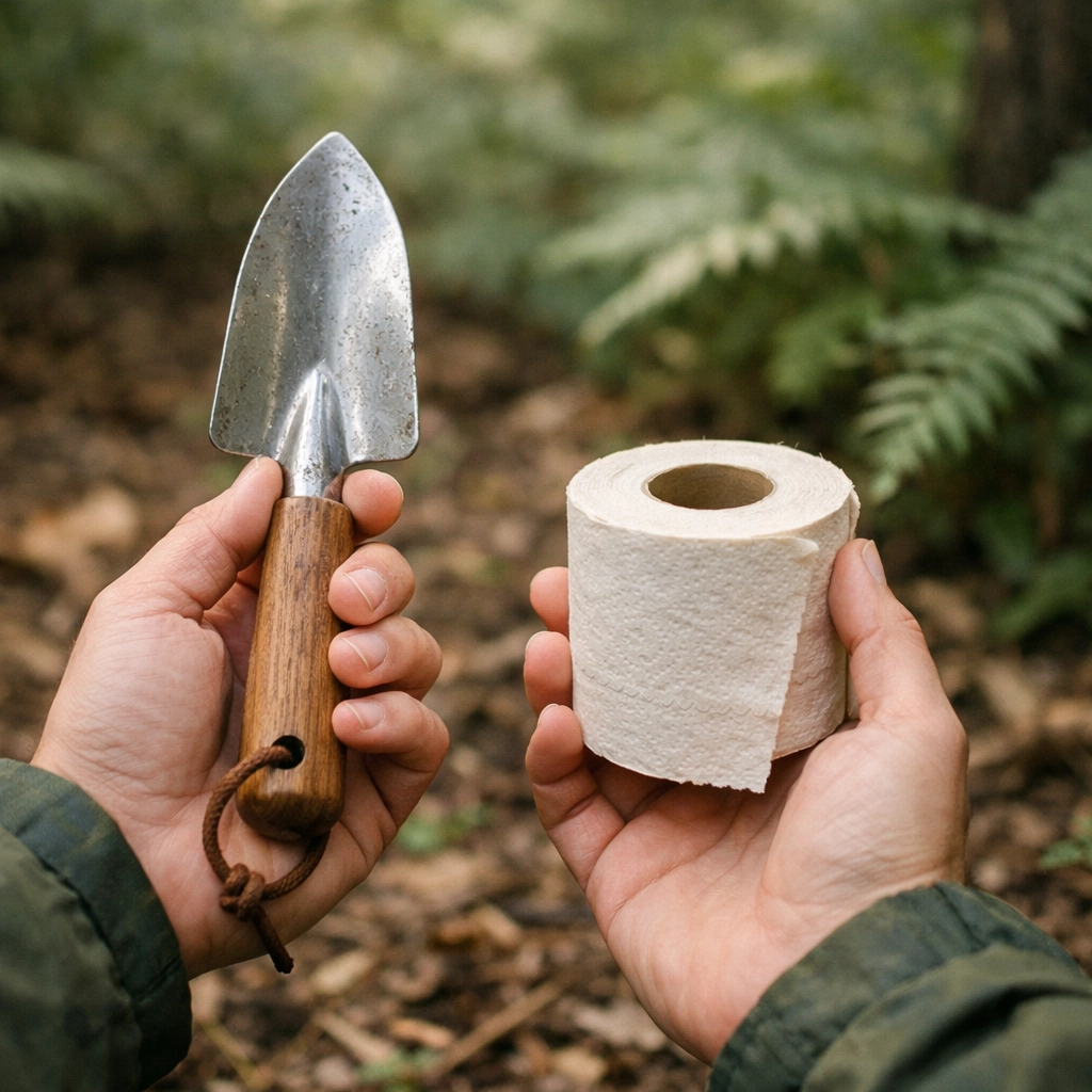 Pocket trowel and biodegradable toilet paper for leave no trace wild camping in the UK