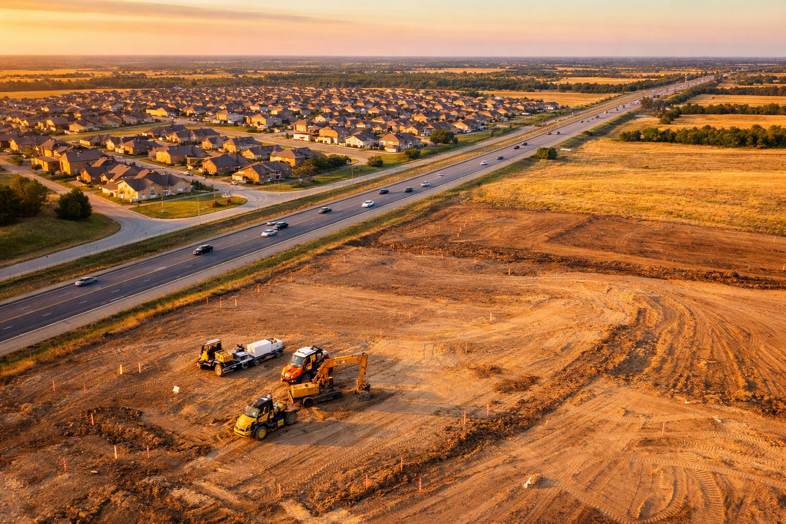 Commercial development site in Sherman Texas with new residential neighborhoods in background