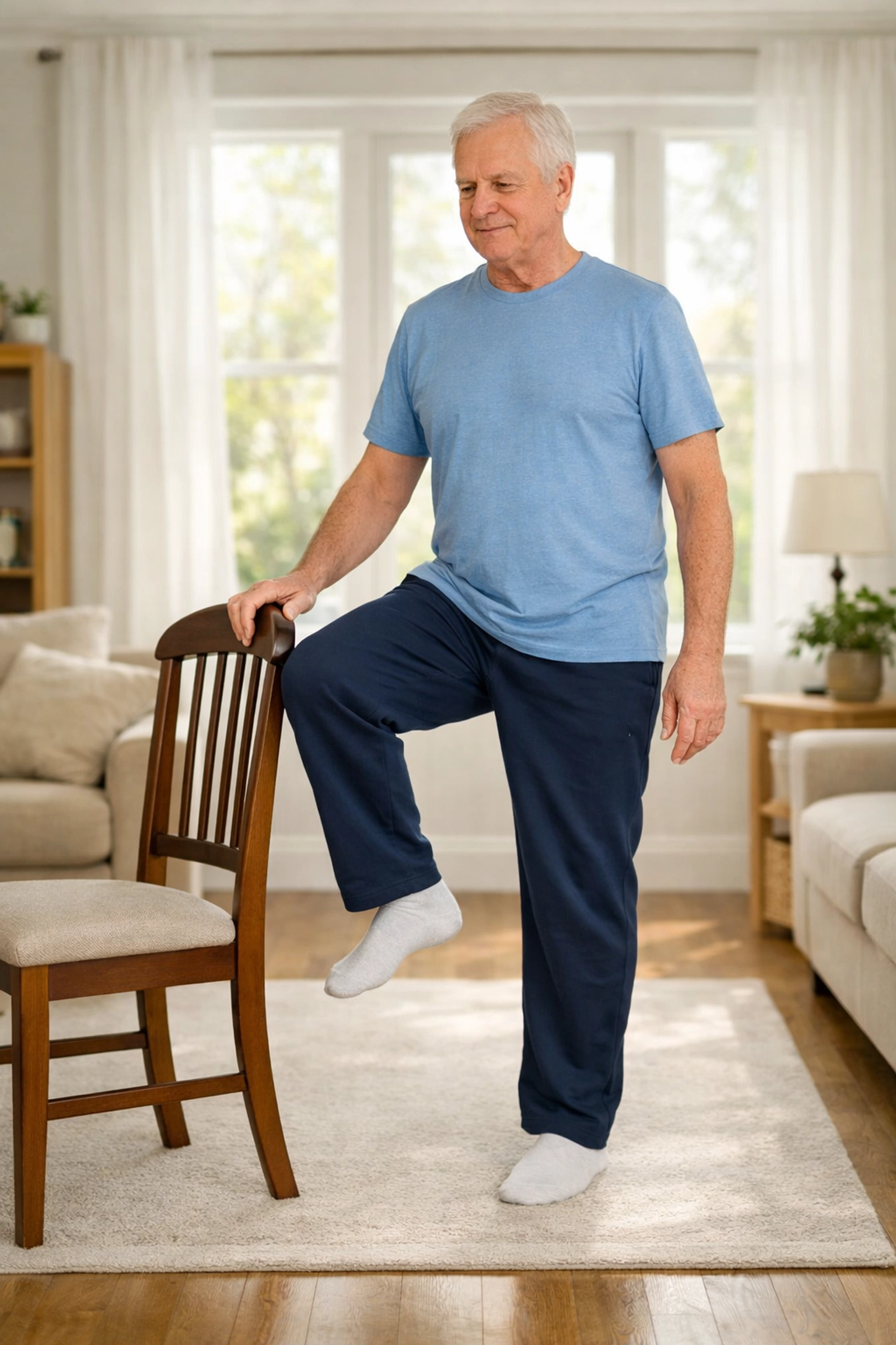 Senior man practicing a single-leg balance exercise with chair support for fall prevention at home.