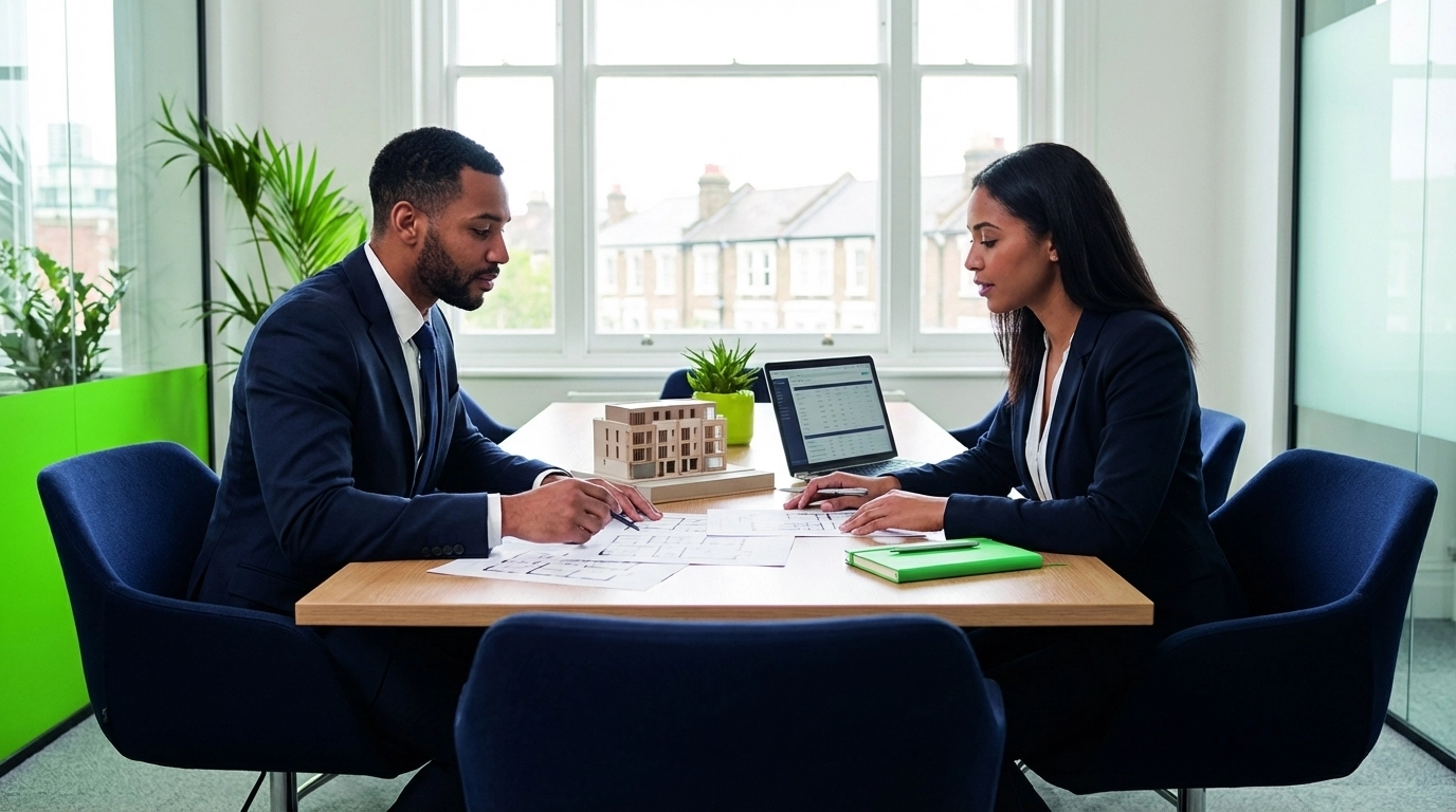 Two professionals in suits discuss architectural plans at a wooden table with a model and laptop. Plants and large windows in the background.