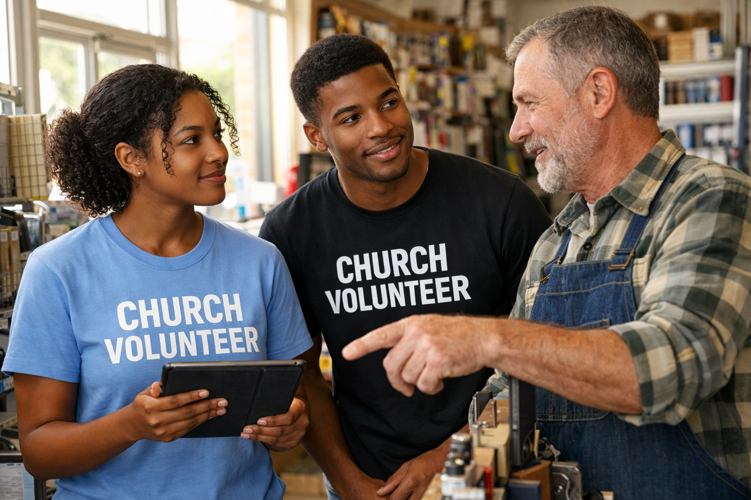 Church volunteers using a tablet to map and support local businesses in their neighborhood.