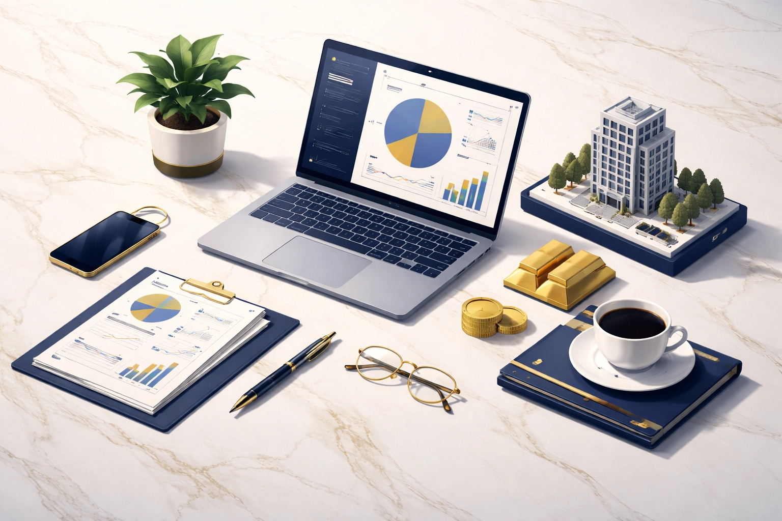 Investor desk with charts, documents, and gold bars, representing strategic wealth management and portfolio diversification.