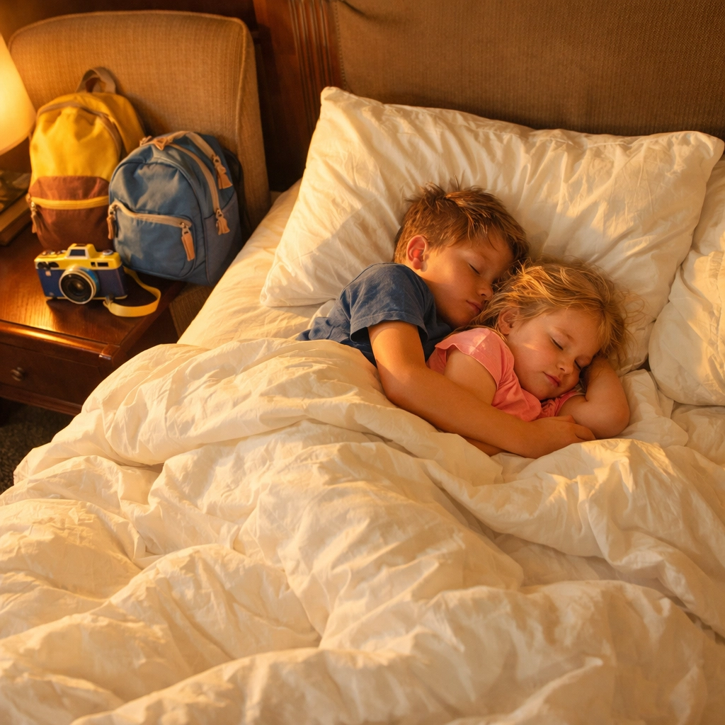 Two children asleep in a hotel bed after a day of fun travel activities, capturing genuine family travel memories.