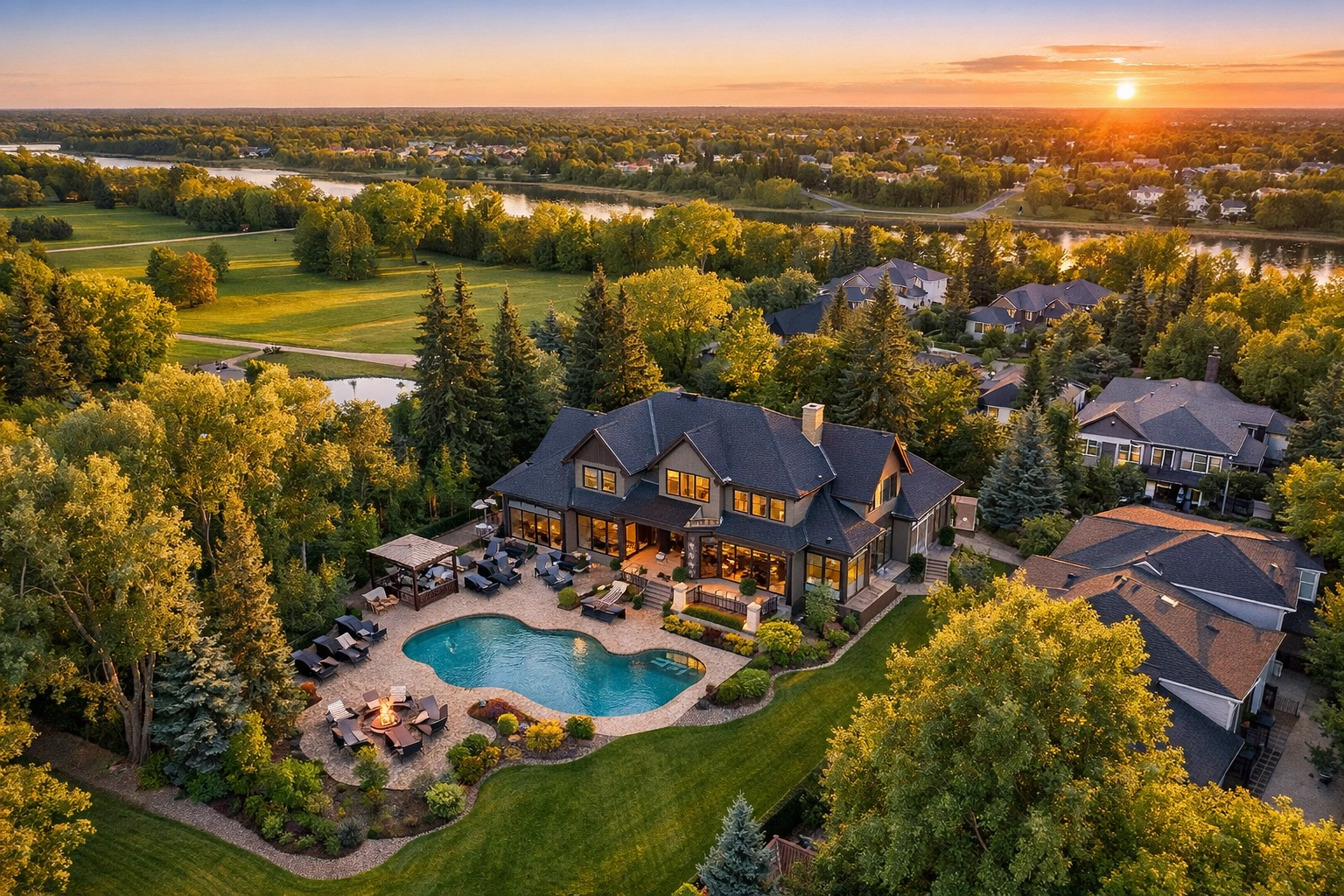 Aerial drone photography of Saskatoon home showing property lot and neighborhood context