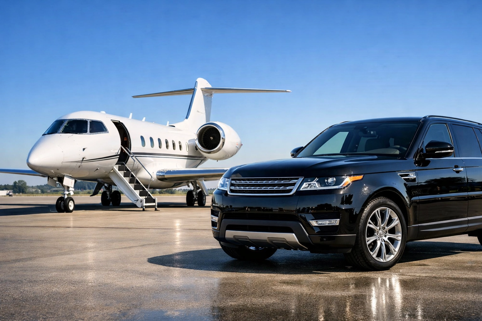Luxury private jet and black SUV representing elite corporate travel logistics for major sporting events.