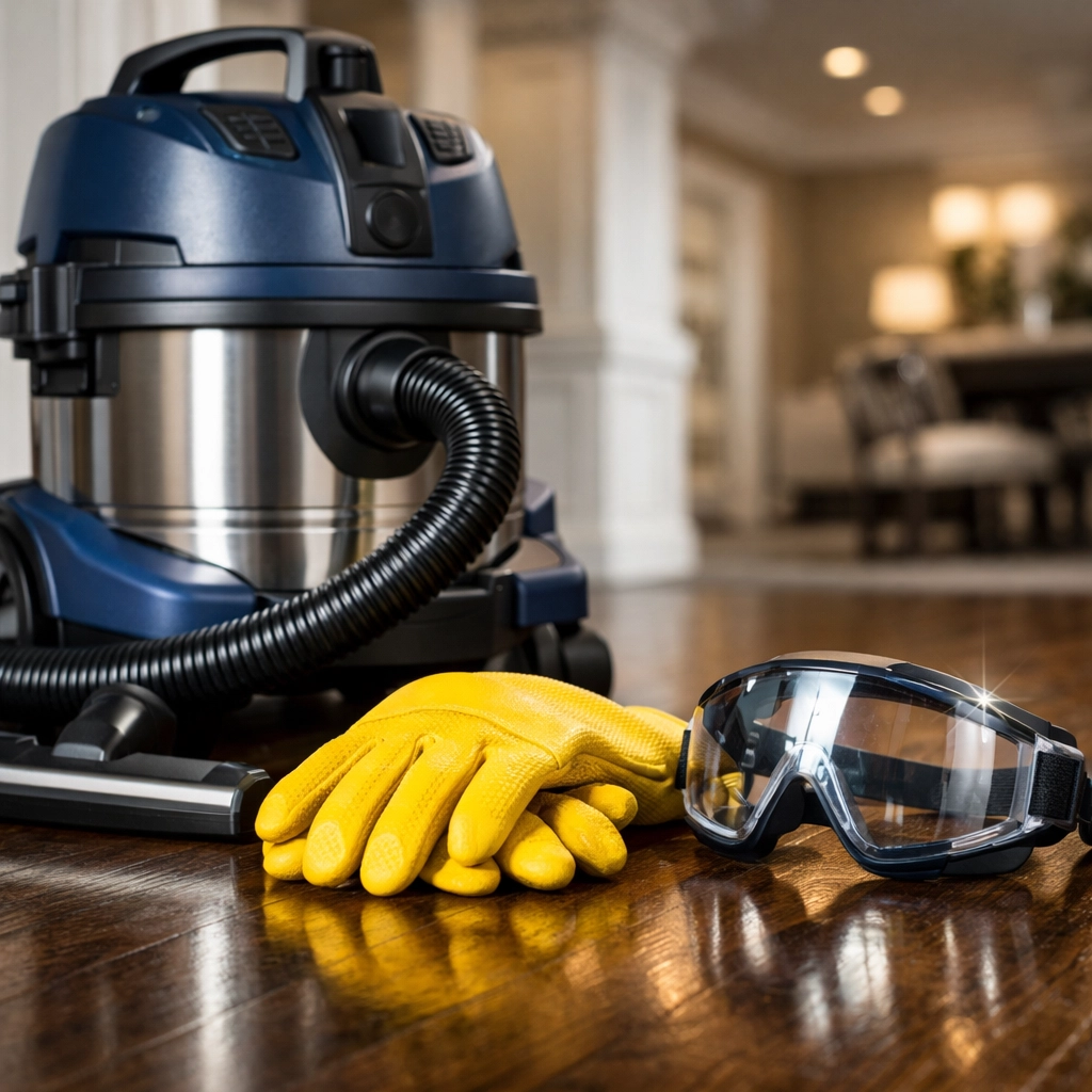 Industrial vacuum and safety gear used by experts for professional post-construction cleaning MA projects.