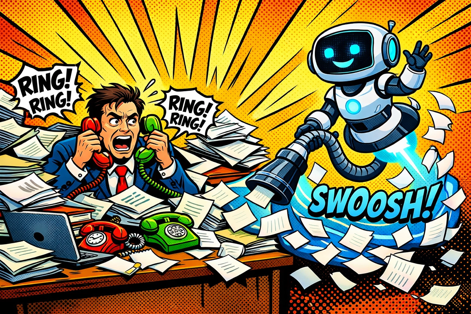 AI virtual assistant for business cleaning a founder's desk of paperwork and phone calls.