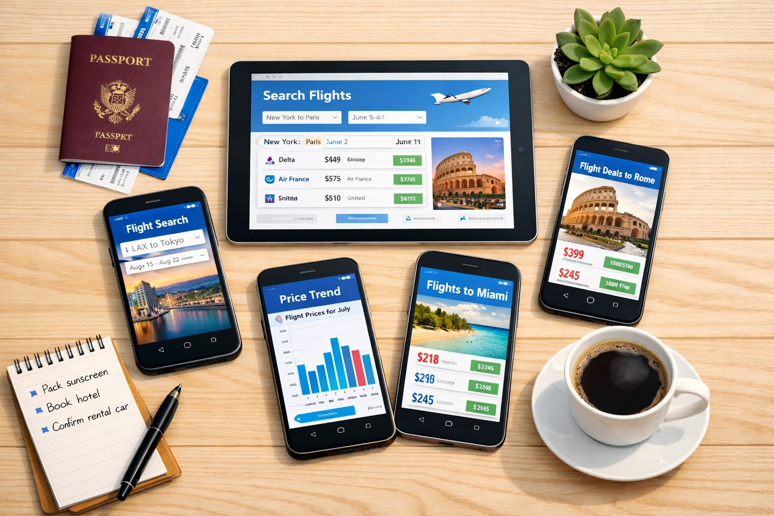 Multiple devices comparing flight prices and travel deals with passport and boarding passes