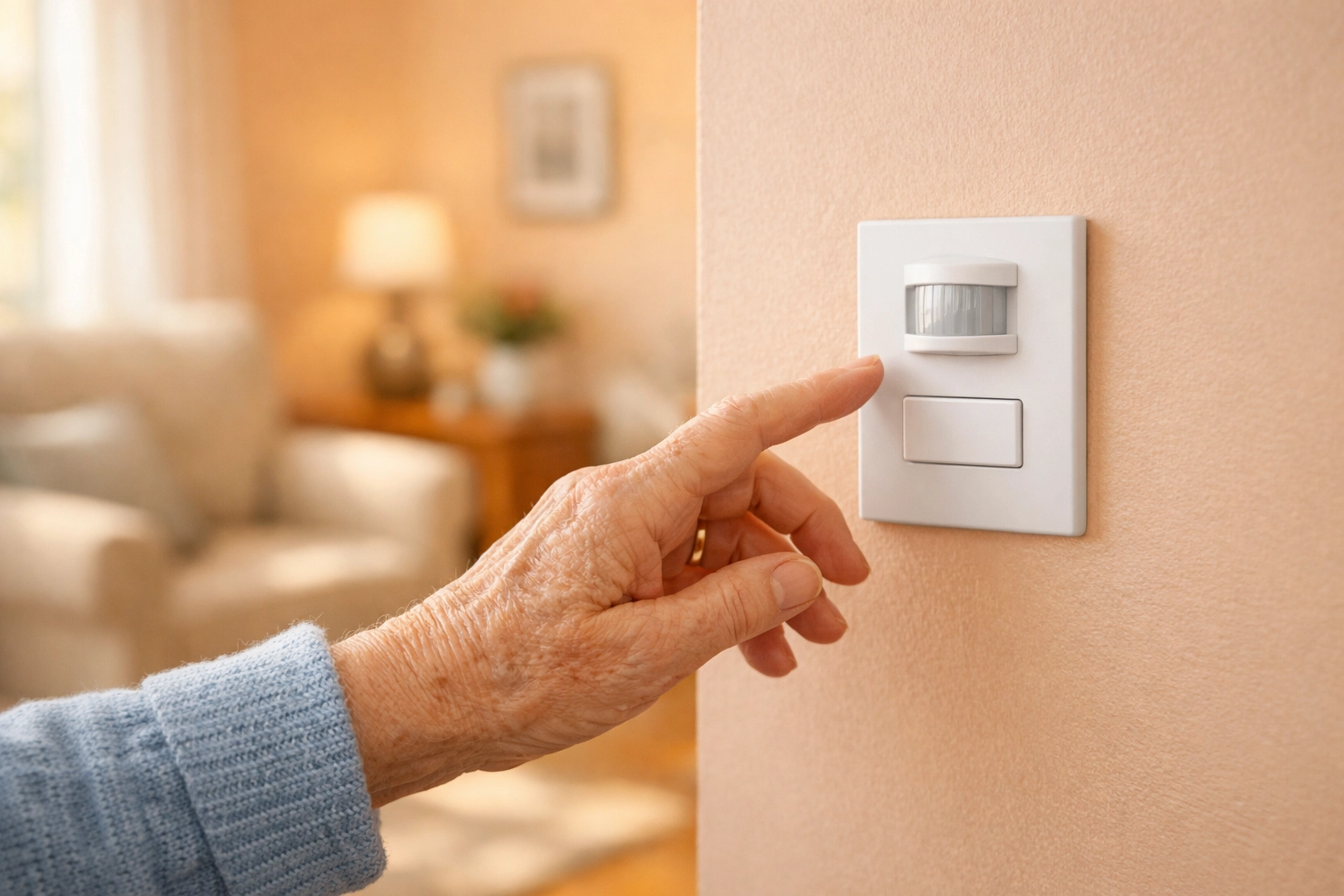 Senior resident using motion-activated light switch in assisted living apartment
