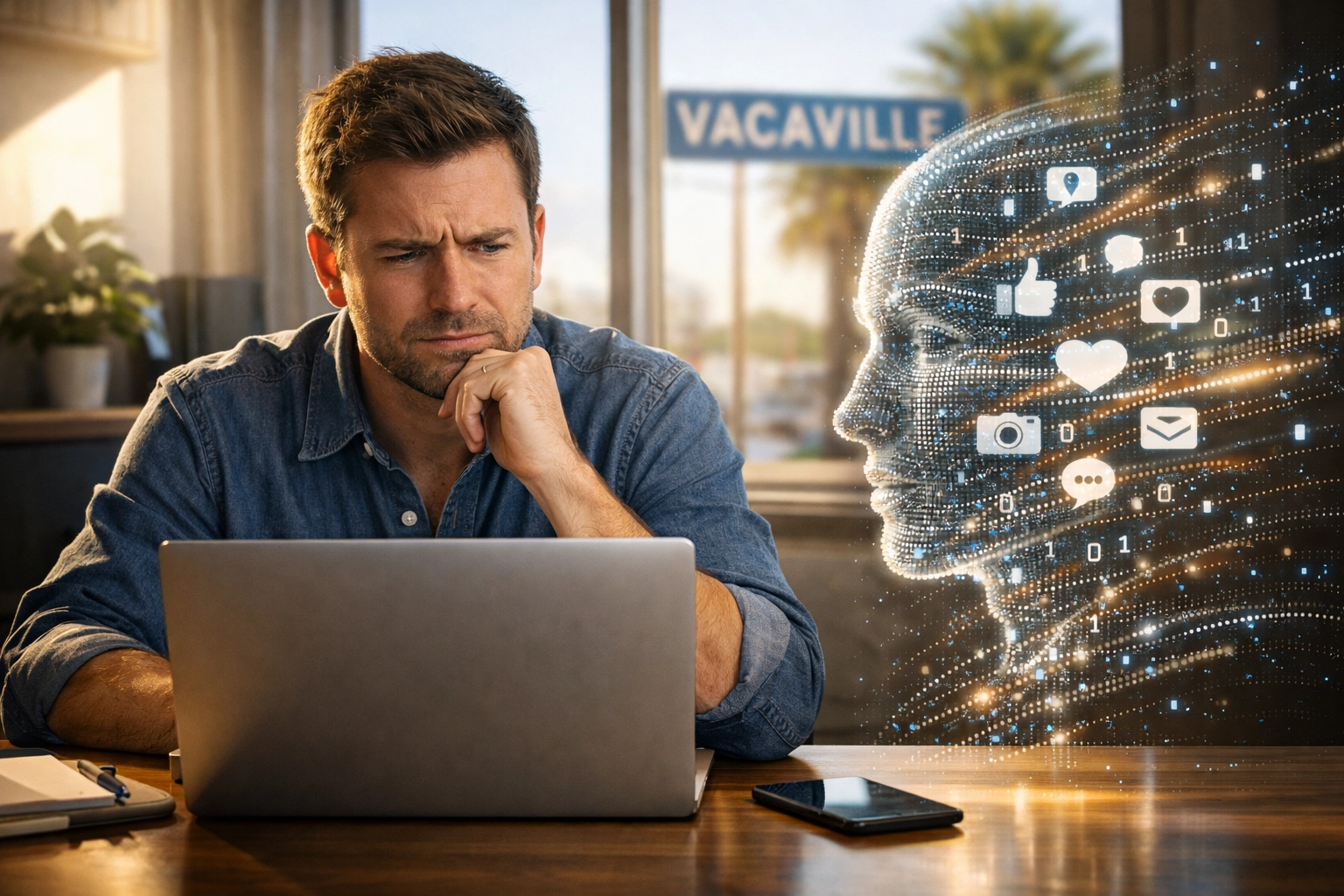 Business professional in a Vacaville office skeptical of a potential AI phishing attempt on a laptop.