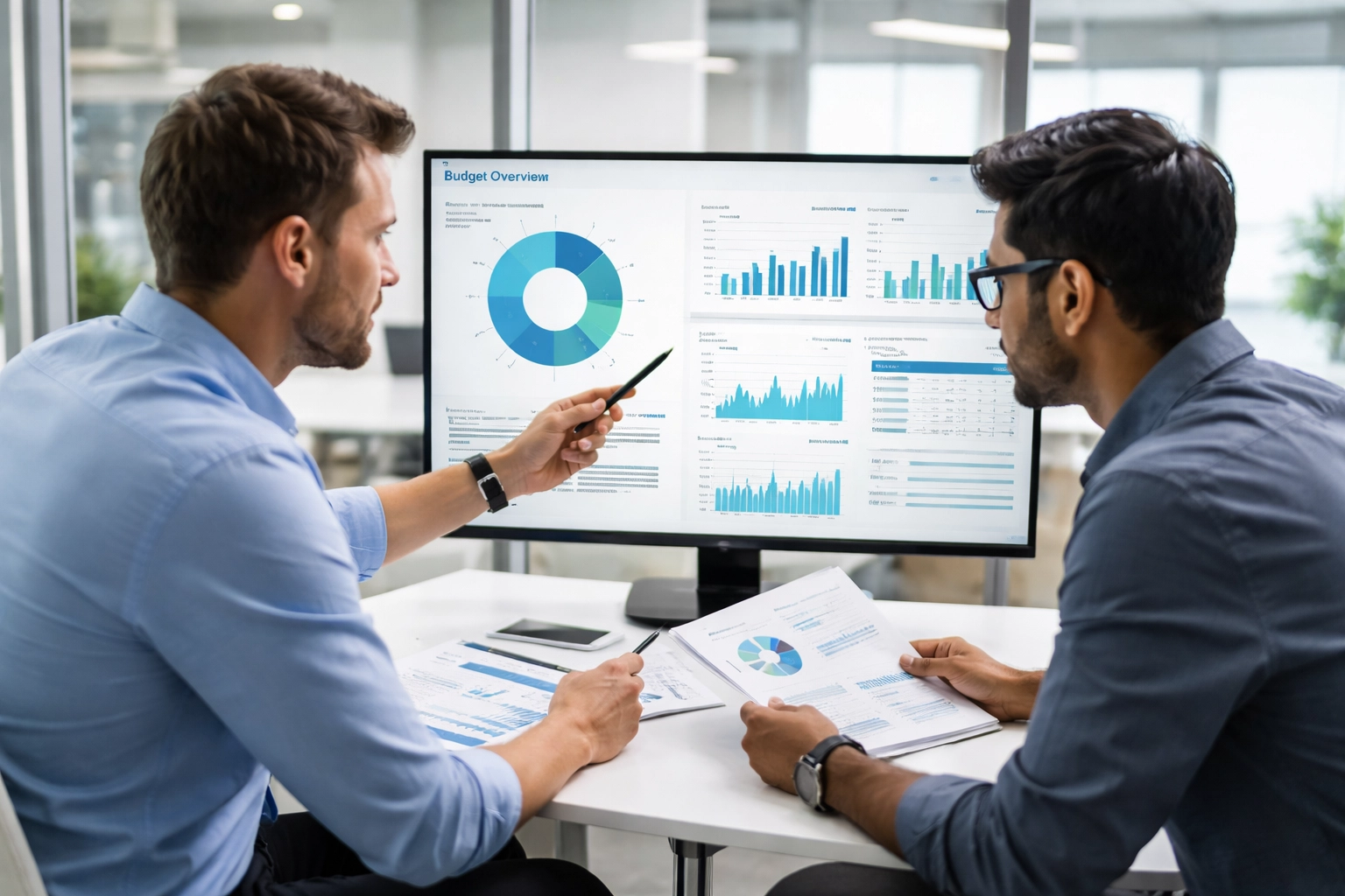 Two IT professionals analyzing ITOM license costs on digital dashboards in a modern meeting room, focusing on ServiceNow consulting