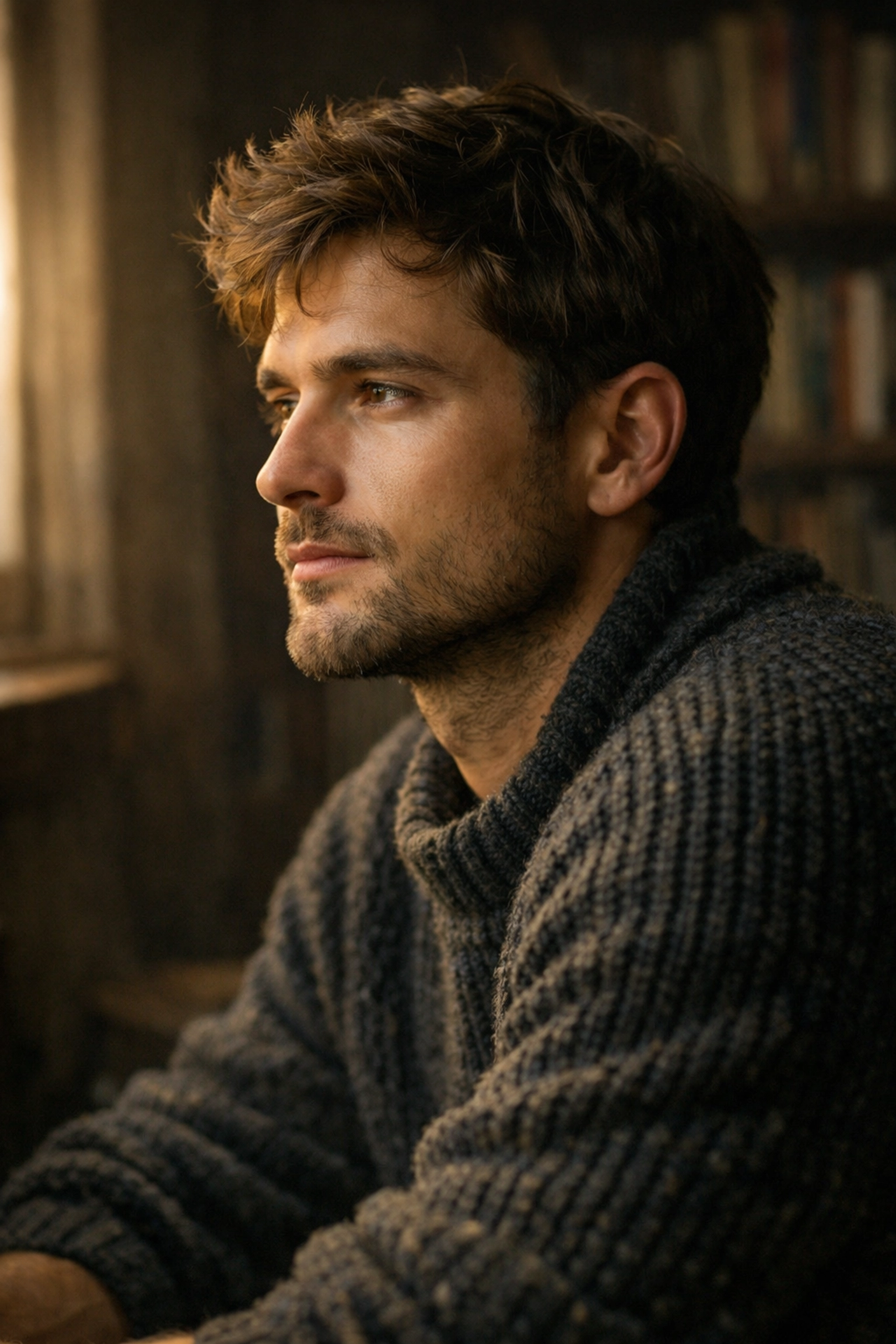 Cinematic portrait photography of a man looking away from the camera with intentional lighting.