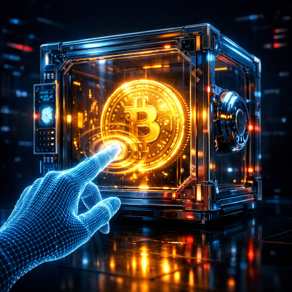 Secure holographic vault symbolizing Larecoin.ai self-custody for safe cryptocurrency transactions.