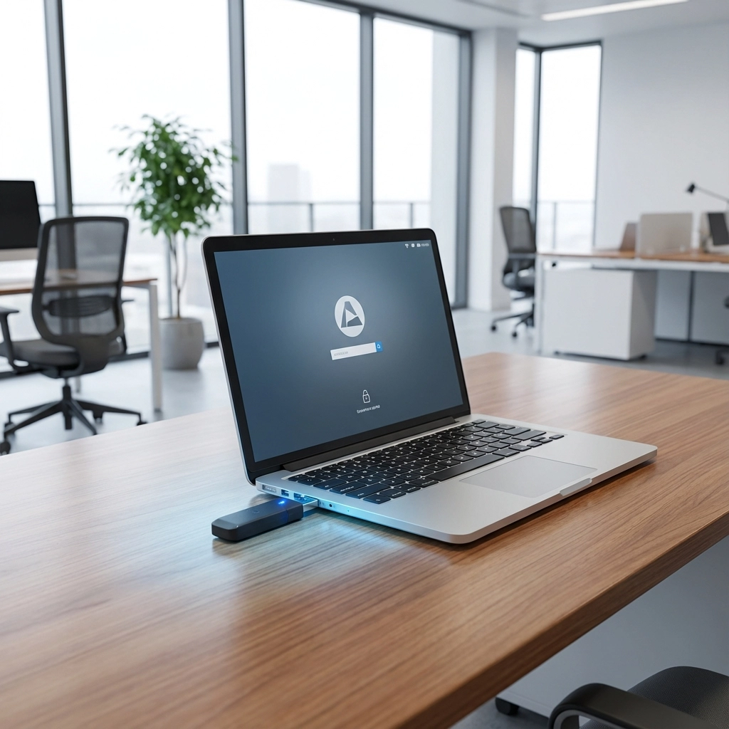 Image of a workplace laptop with secure login screen