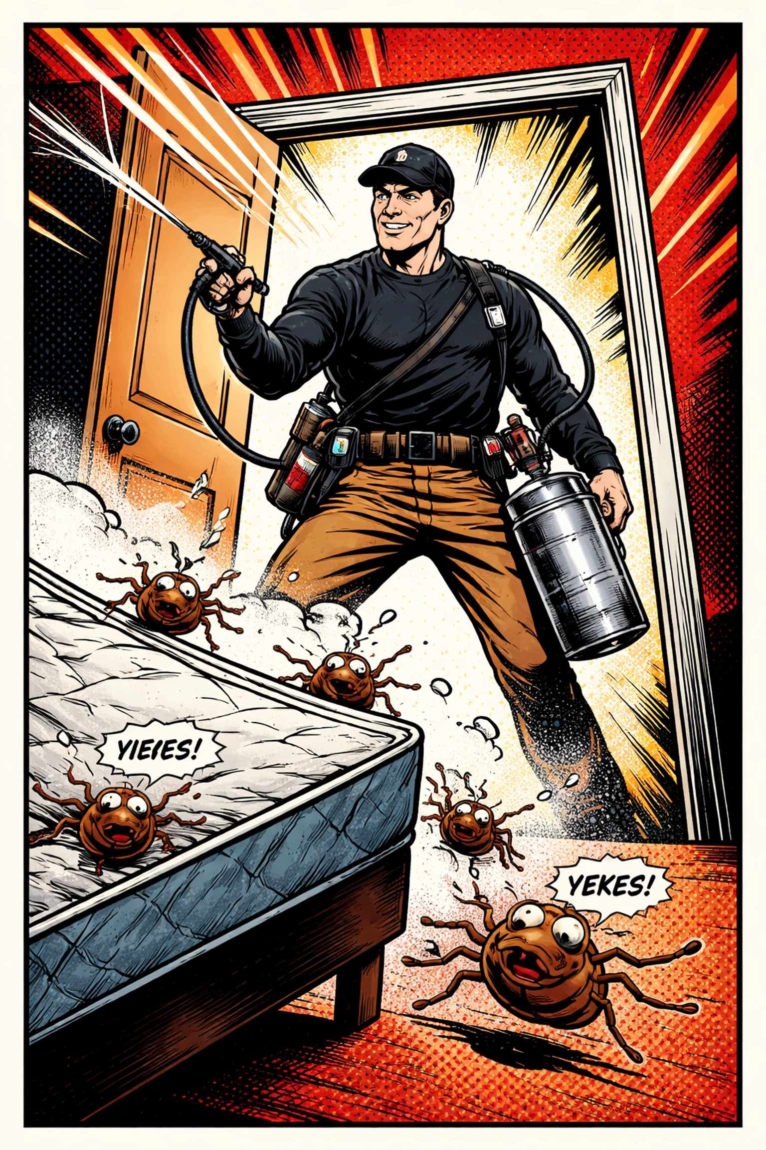 Comic style image of a heroic pest control technician treating a mattress as bed bugs scatter, illustrating professional bed bug removal in Jasper, AL
