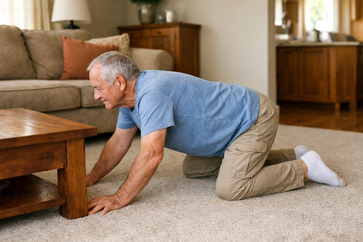 Senior man on hands and knees crawling to furniture after a fall