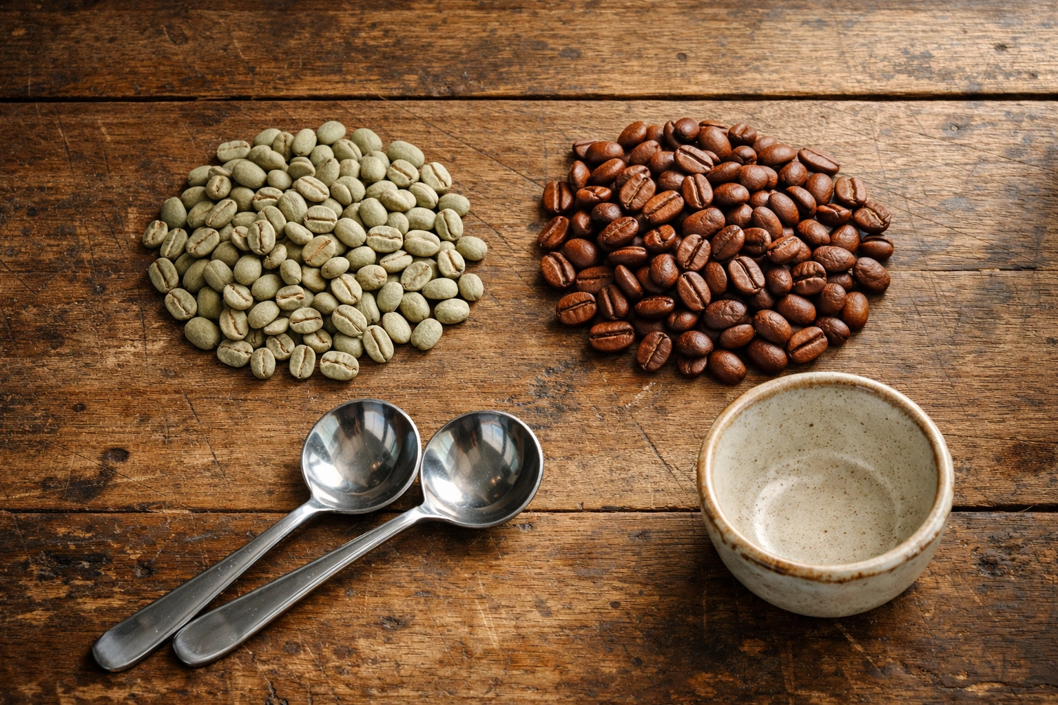 Comparison of green unroasted and roasted specialty coffee beans highlighting quality coffee sourcing.