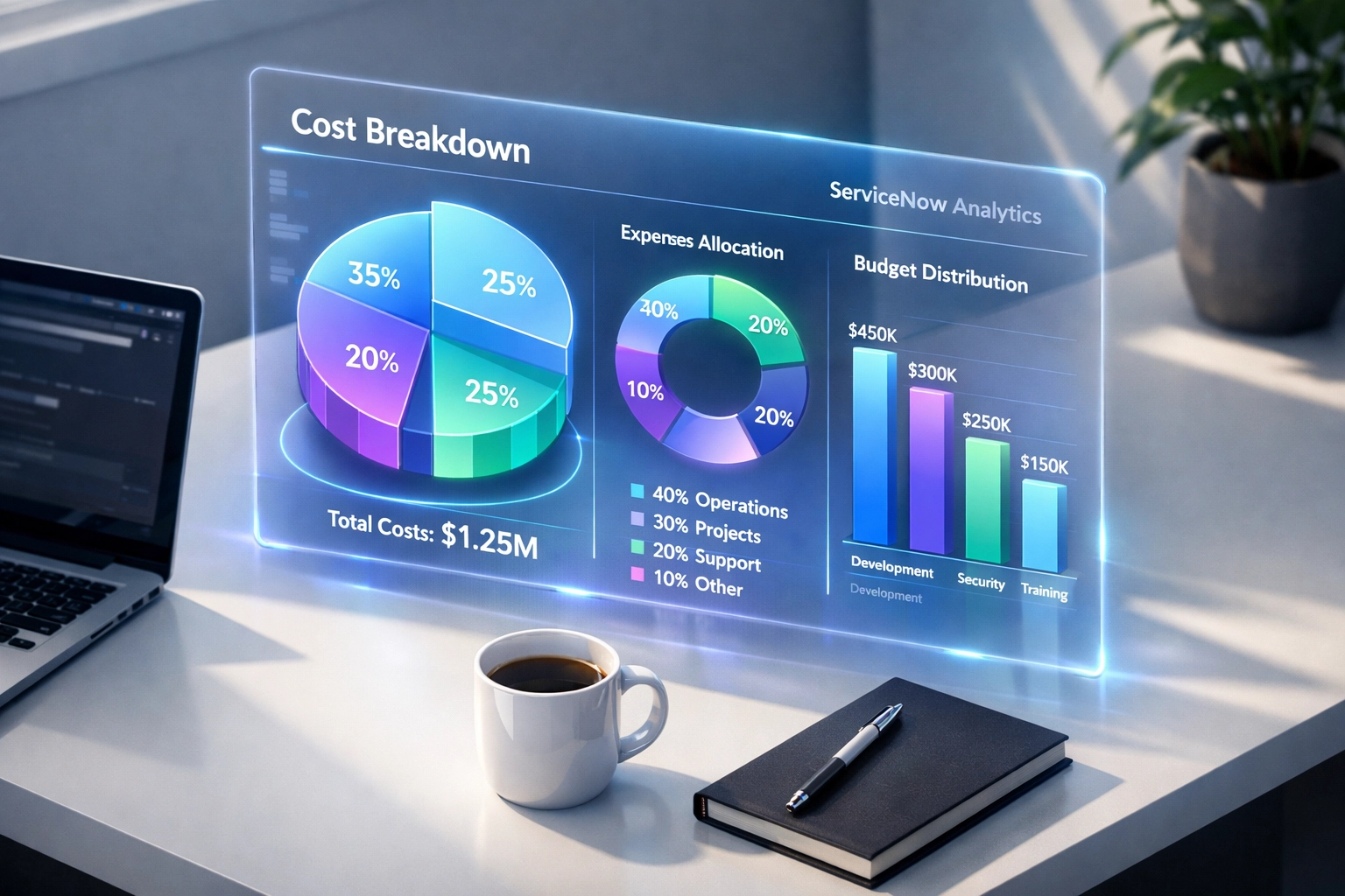 ServiceNow consulting cost breakdown dashboard showing budget allocation and implementation pricing