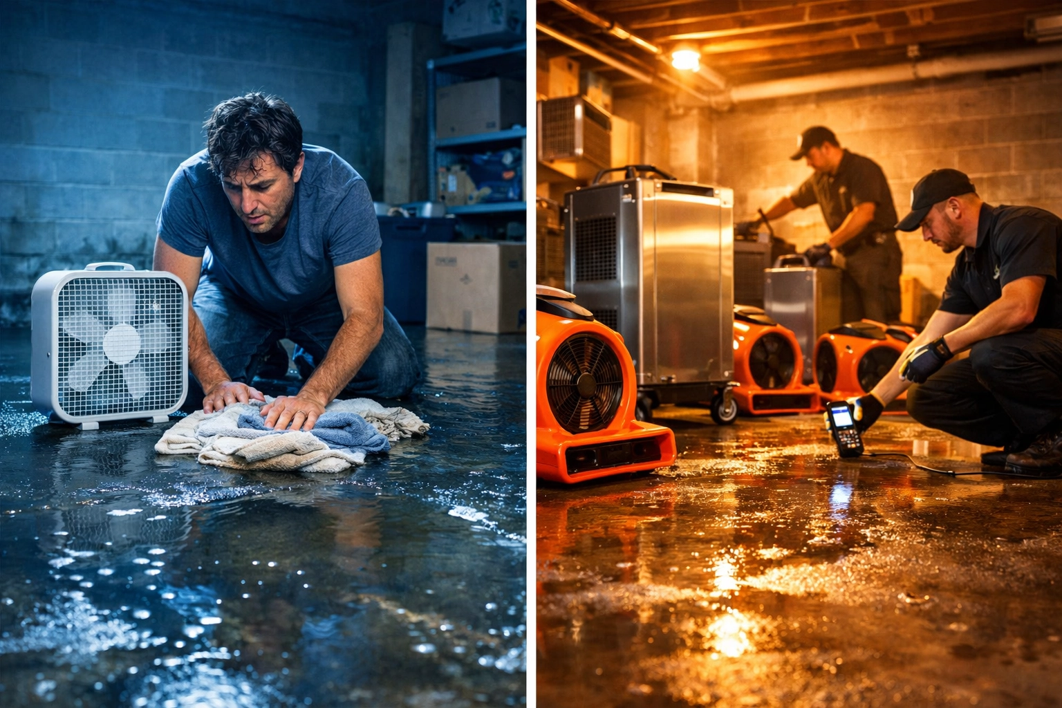 DIY towels and box fan compared to professional water damage restoration equipment in flooded basement