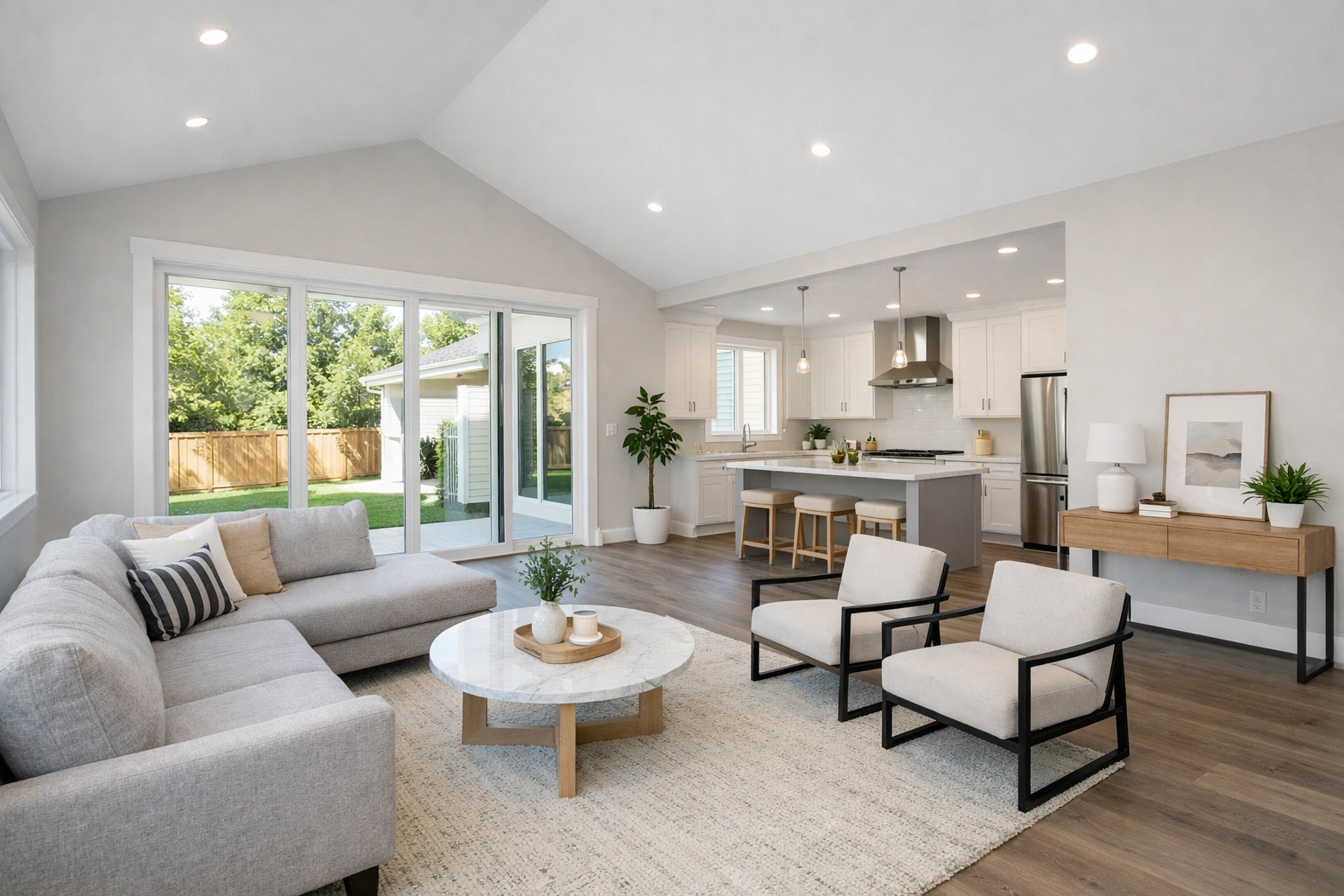 Open-concept living room in new construction Houston home with modern finishes