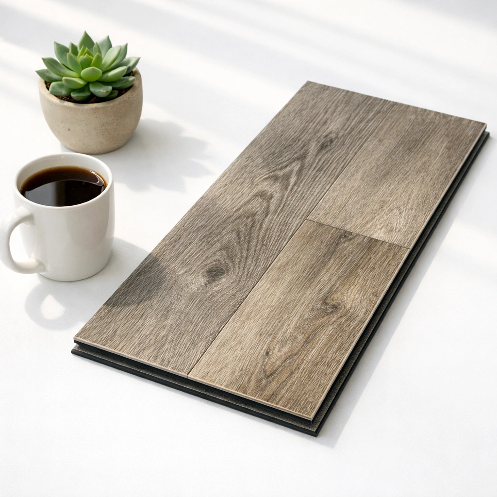 Luxury vinyl flooring sample and coffee mug representing capital improvements for rental property deductions.