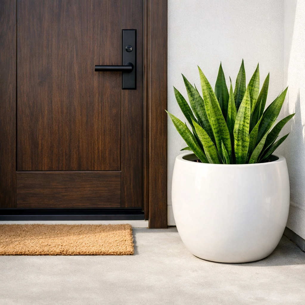 Stylish modern dark wood front door entryway inviting buyers to their new Denver home.