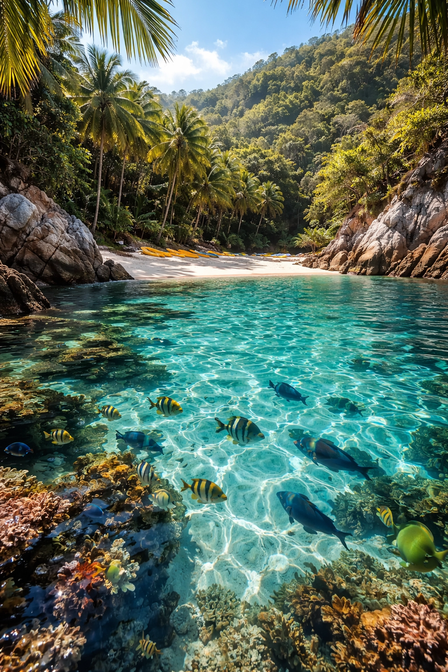 Majahuitas beach cove with aquamarine water, coral reef, and tropical jungle near Puerto Vallarta