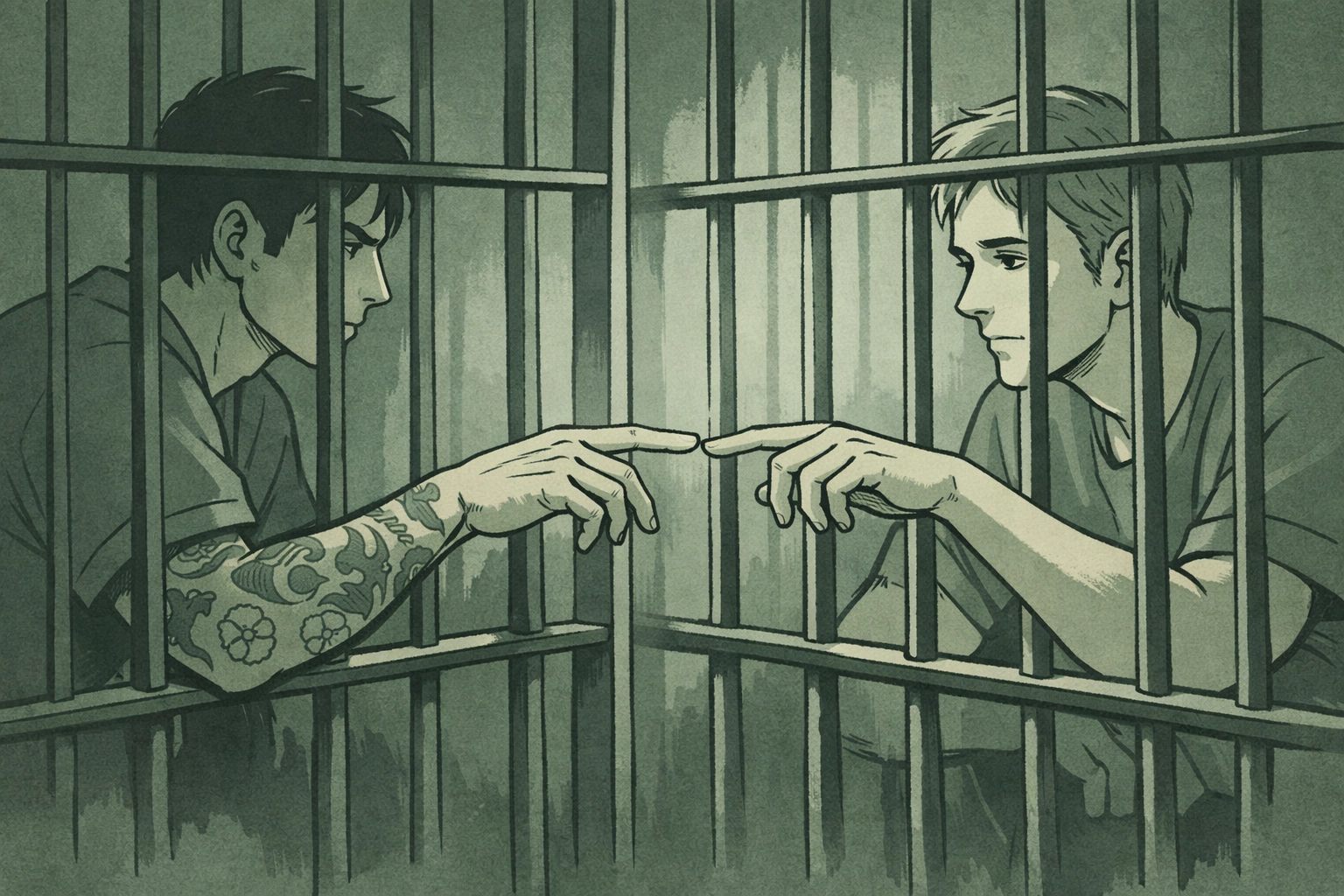 Two men reaching through prison bars in MM romance Concrete Heart by Dick Ferguson