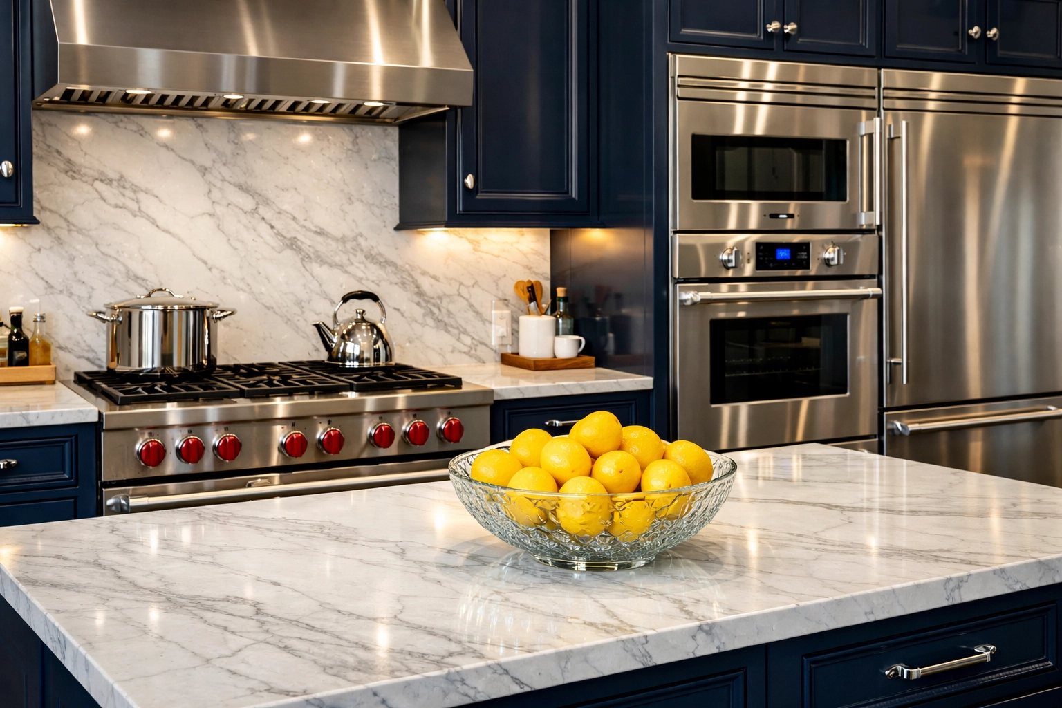 Polished gourmet kitchen with marble counters after deep cleaning your wellesley home.