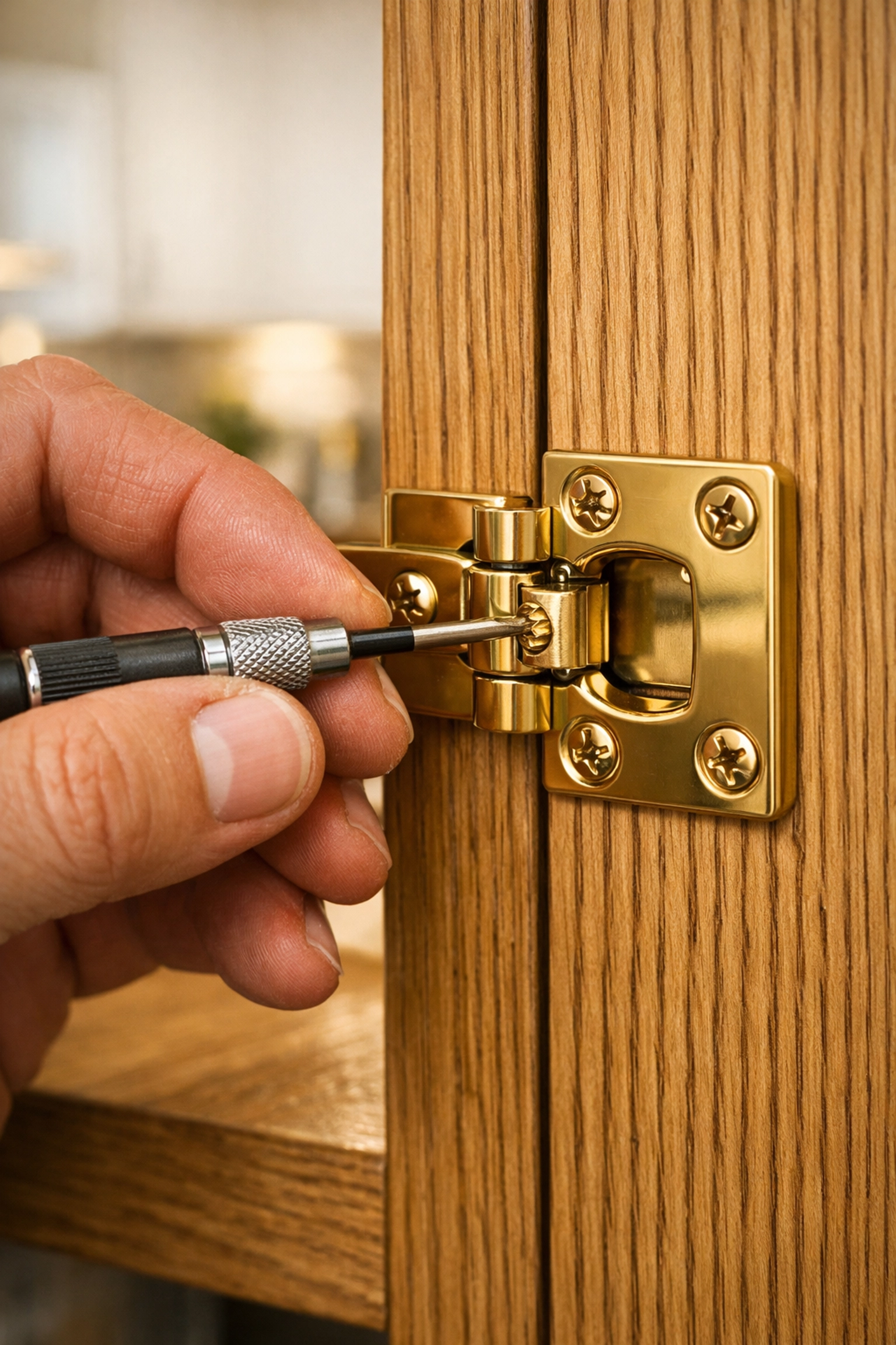 A local Fleet carpenter performing a small repair by adjusting a brass hinge on an oak cupboard door.