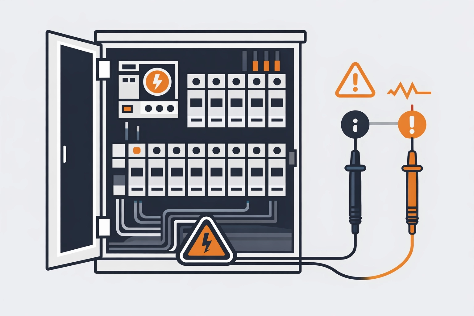 Elektriker-Notdienst 1120: Verteilerkasten, FI/LS & Diagnose-Signale – Illustration im Elektro-Zentrum CI-Stil
