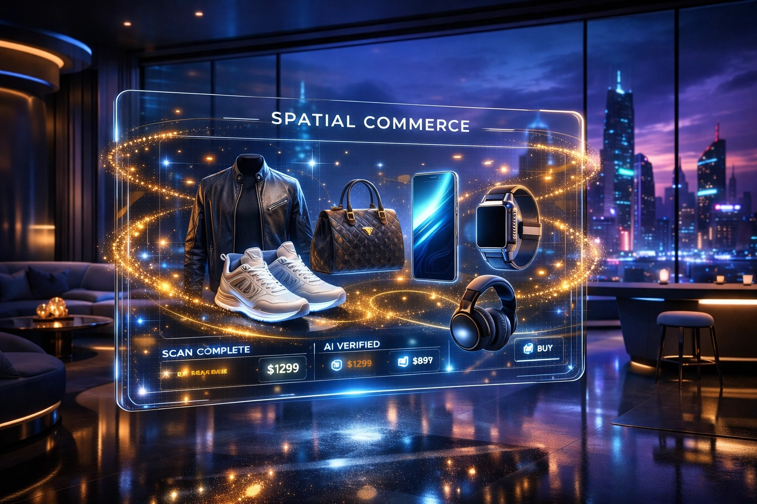 AI-powered holographic storefront in the Larecoin.ai metaverse hub demonstrating spatial commerce and Web3 shopping.