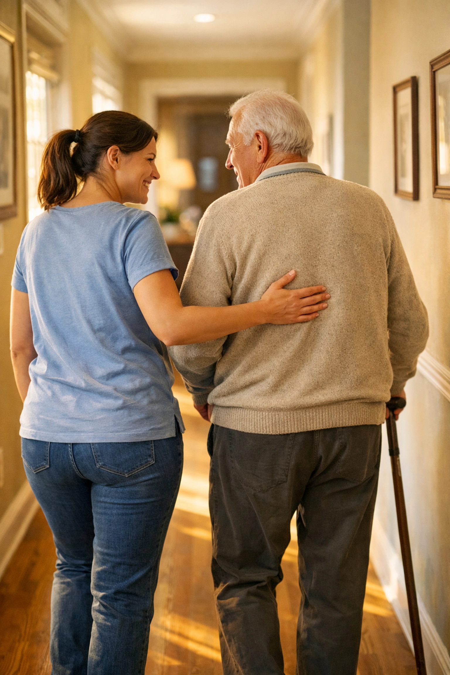 Professional caregiver helping senior walk safely at home to prevent falls and improve mobility