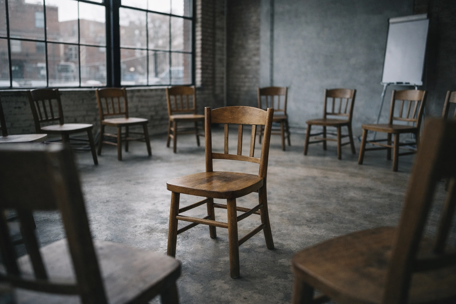 Empty chair in peer support group circle awaiting brave space participant