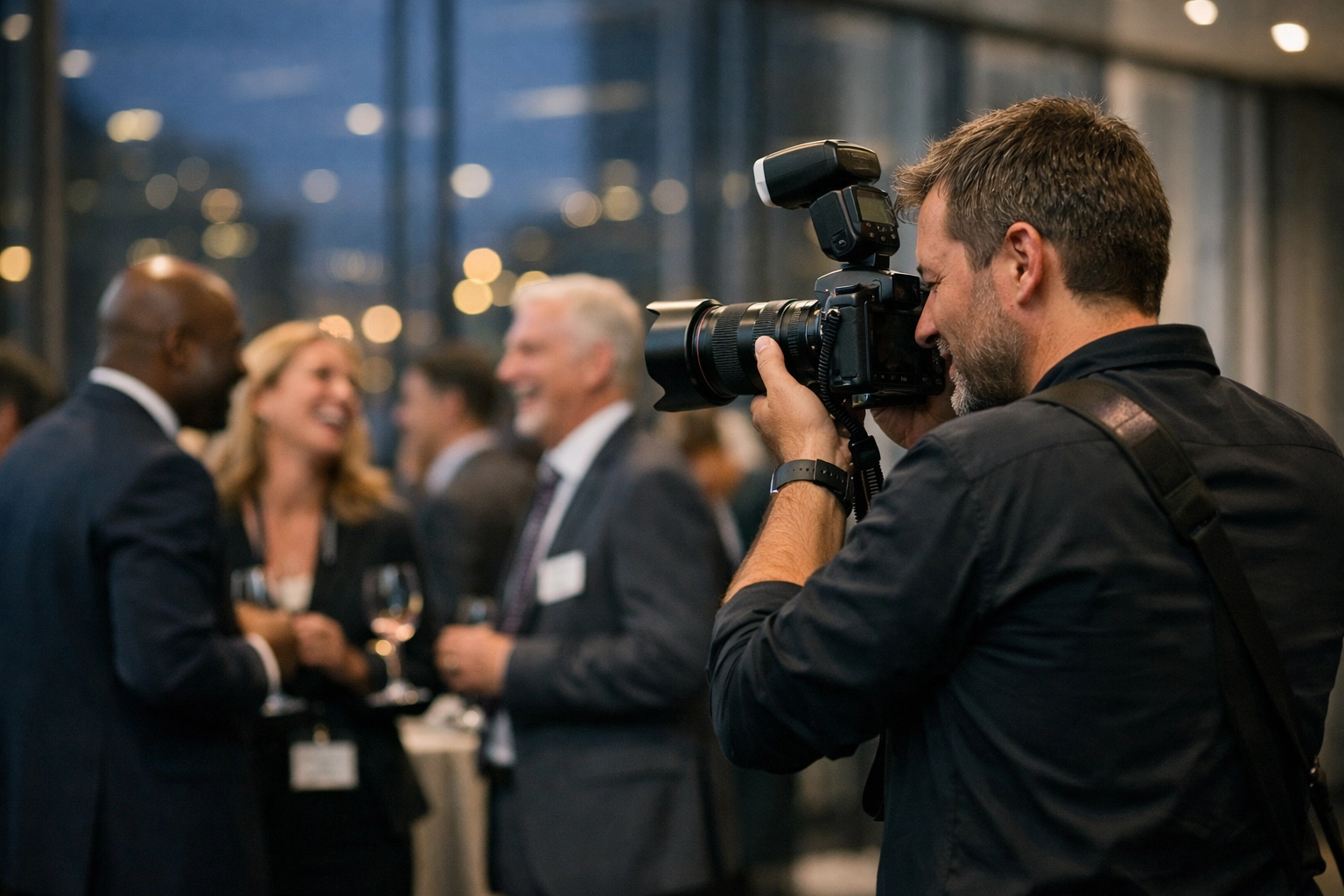 Professional event photographer capturing candid moments at a high-end corporate networking event.