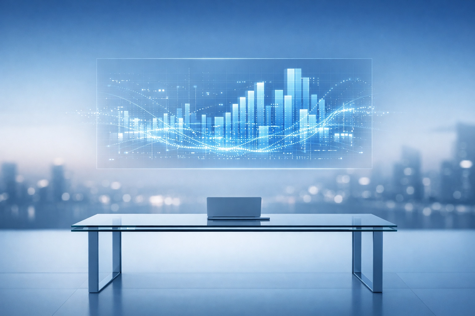 A holographic interface showing data throughput, representing high-leverage AI-powered automation in a workspace.