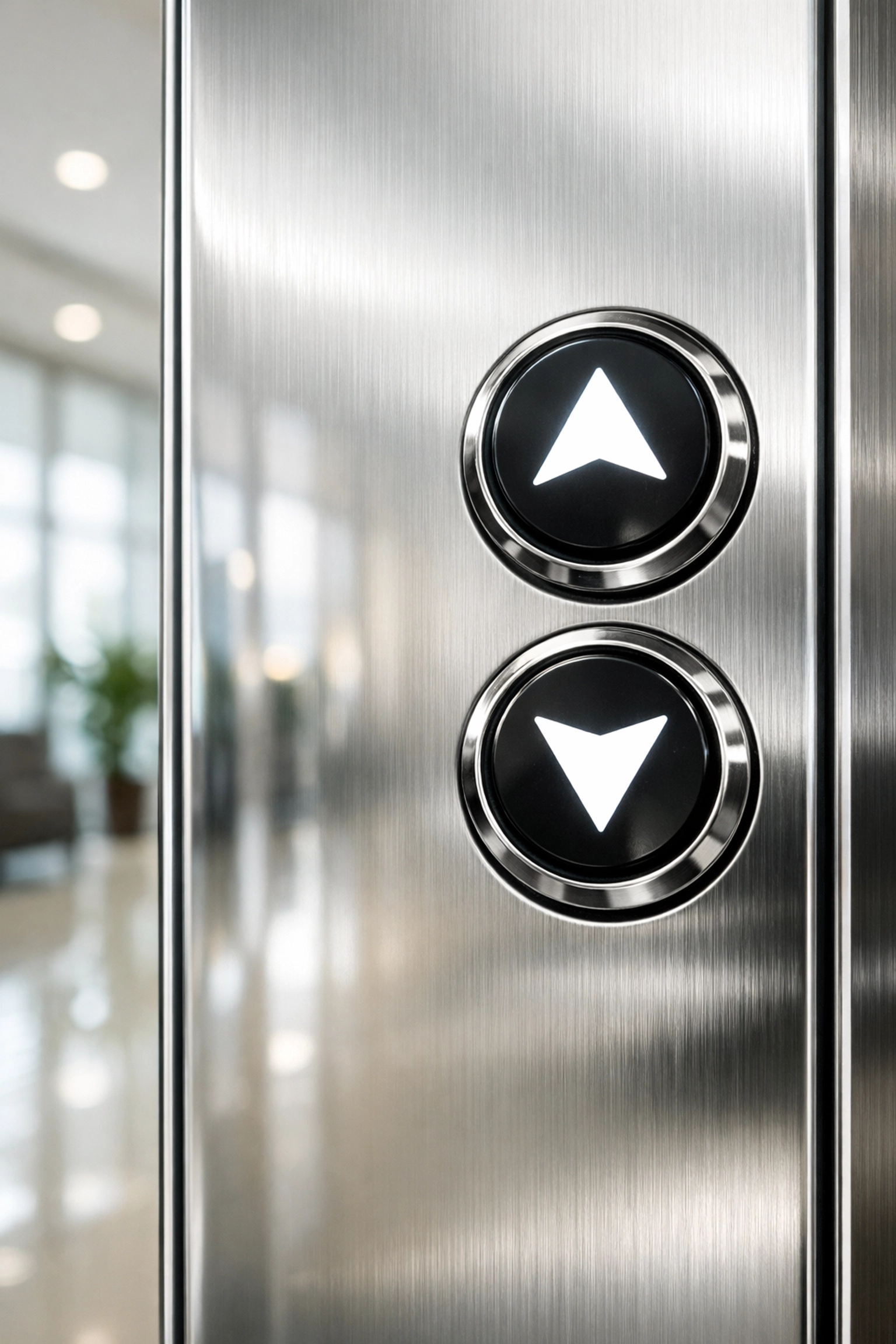 Polished smudge-free stainless steel elevator buttons in a clean modern office building.