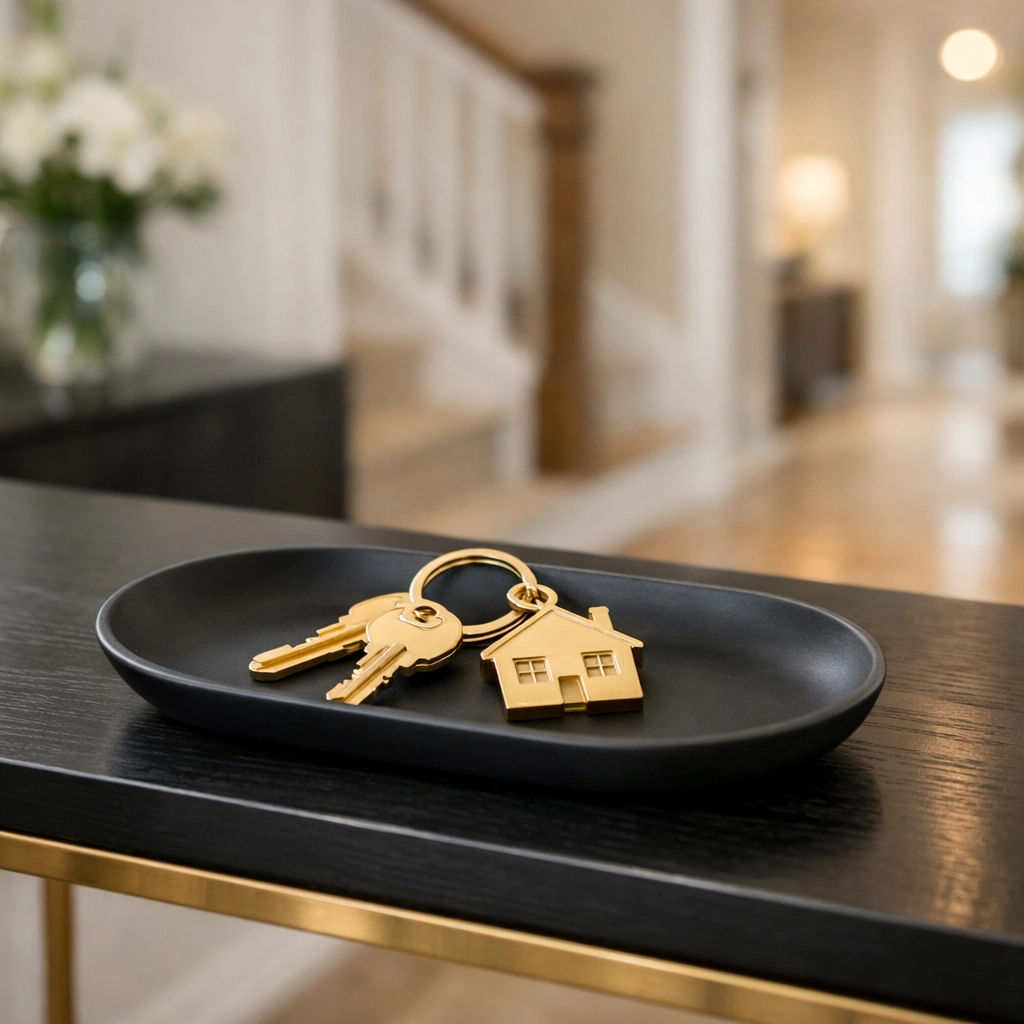 Gold house keys on a sleek tray representing a secure property handover and protected tenancy deposit.