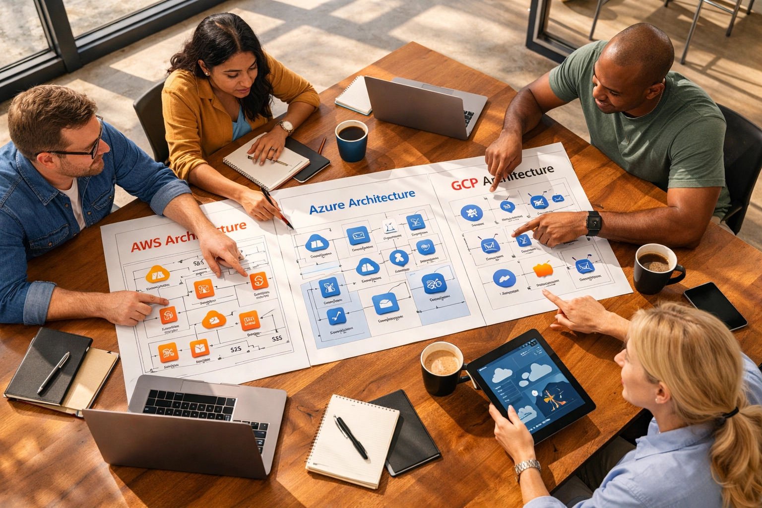 IT professionals collaborating on cloud infrastructure planning for ServiceNow ITOM implementation