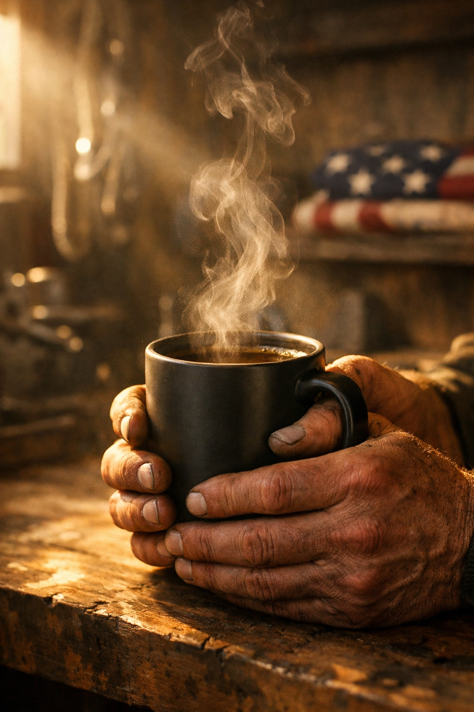A person enjoying a steaming mug of gut-friendly, low-acid coffee in a rustic industrial workshop.